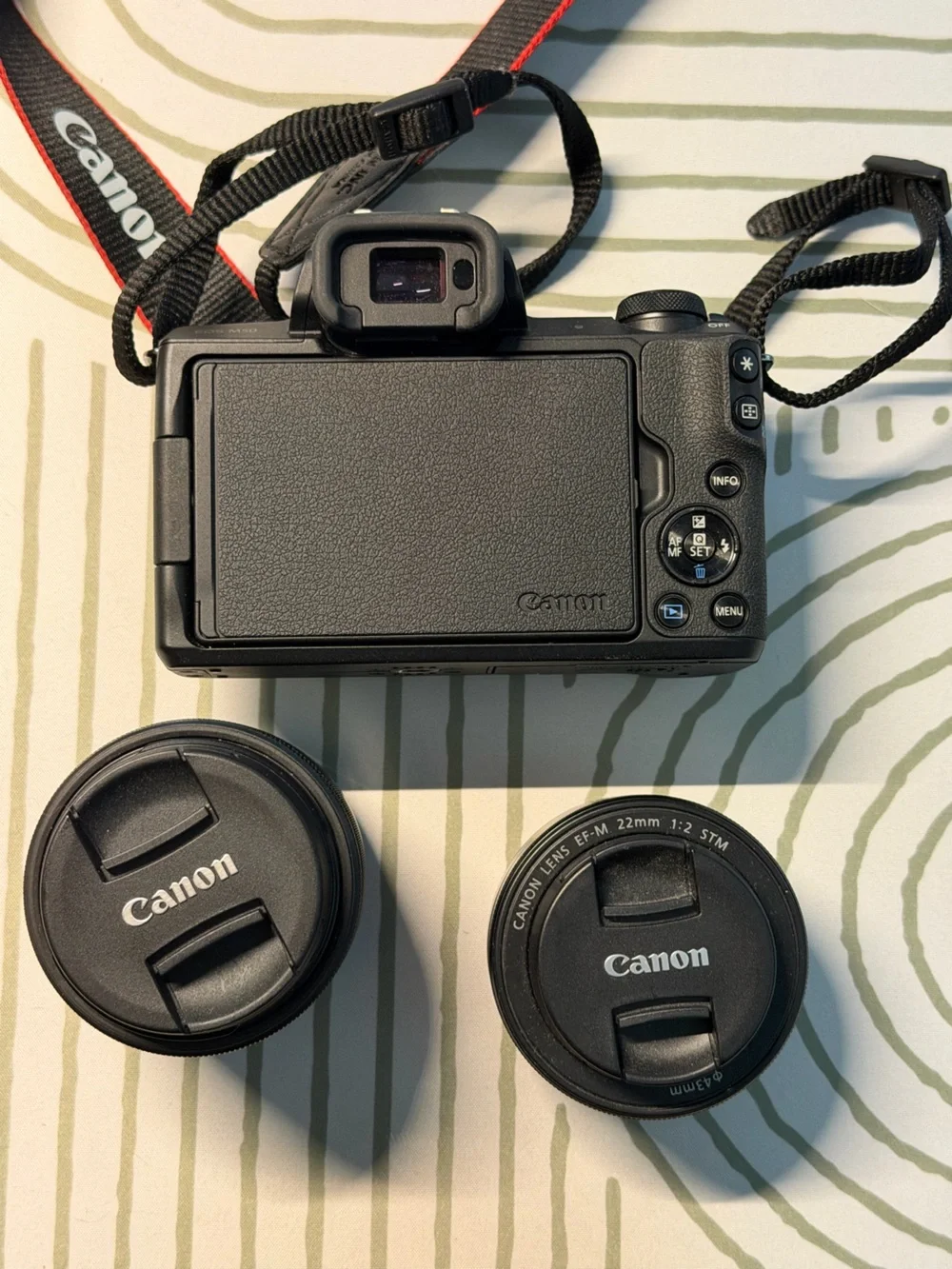 Canon EOS Mirrorless Camera Body in Black with Black Lenses and Strap